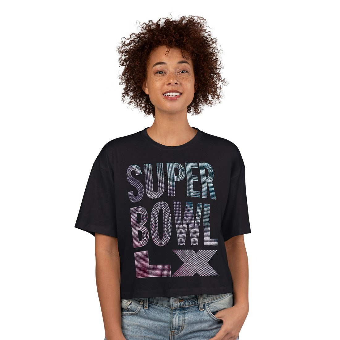 Super Bowl LX G-III 4Her by Carl Banks Women's Play Ball Oversized Rhinestone Cropped T-Shirt - Black - NFL