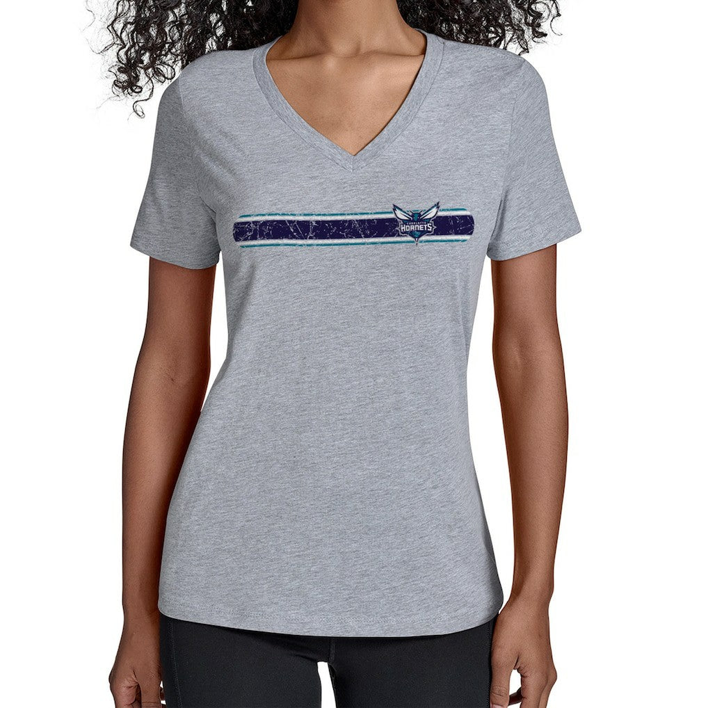 Charlotte Hornets Starter Women's Team Stripe V-Neck T-Shirt Gray