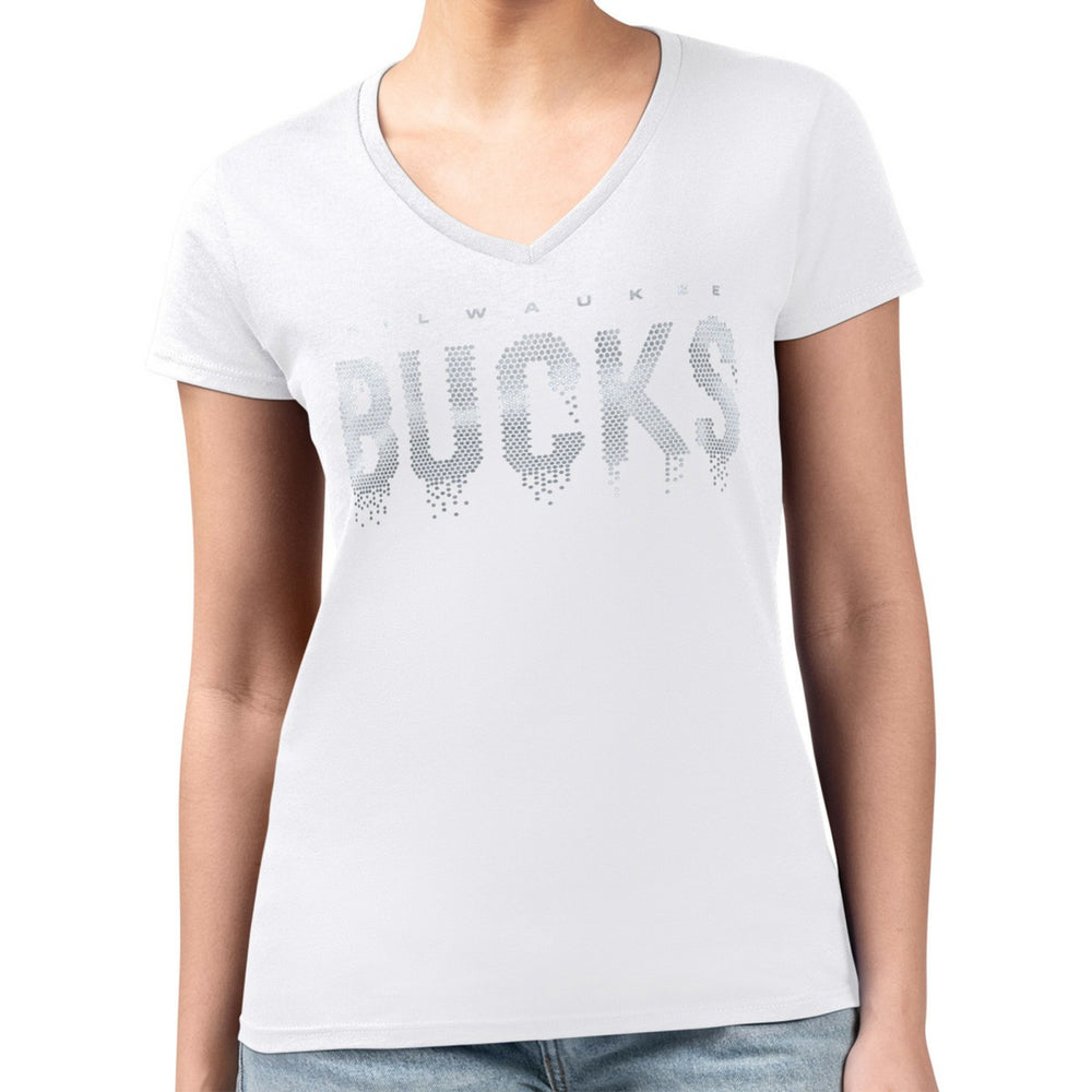 Milwaukee Bucks G-III 4Her by Carl Banks Women's Super-Slim-Fit Metallic Drop Lightweight V-Neck T-Shirt White