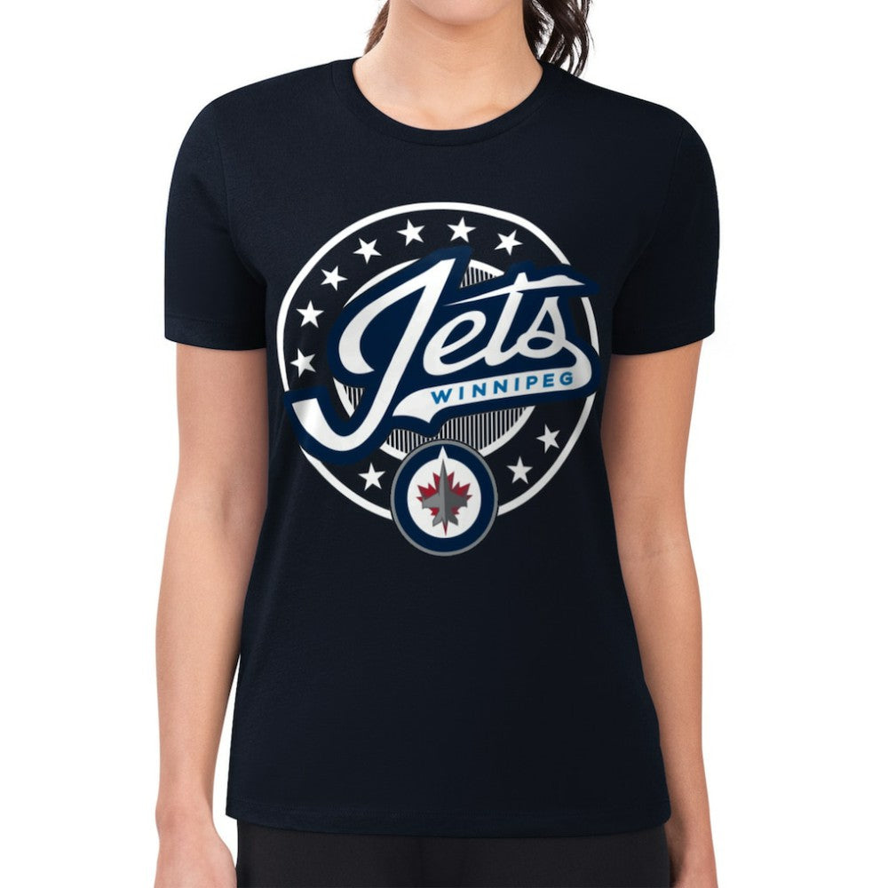 Winnipeg Jets G-III 4Her by Carl Banks Women's Super-Slim Lightweight Pinstripe Circle Graphic T-Shirt - Navy | NHL Clearance