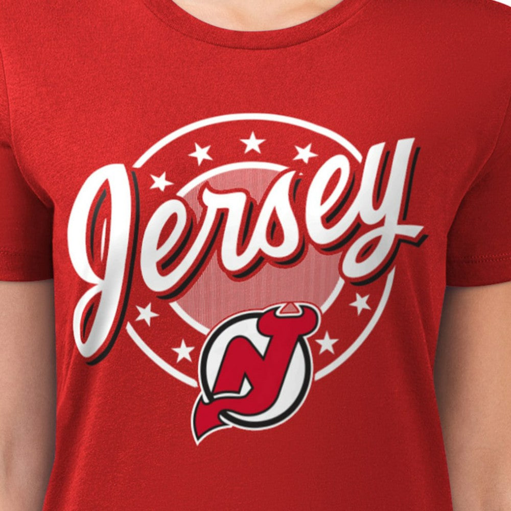 New Jersey Devils G-III 4Her by Carl Banks Women's Super-Slim Lightweight Pinstripe Circle Graphic T-Shirt - Red | NHL Clearance
