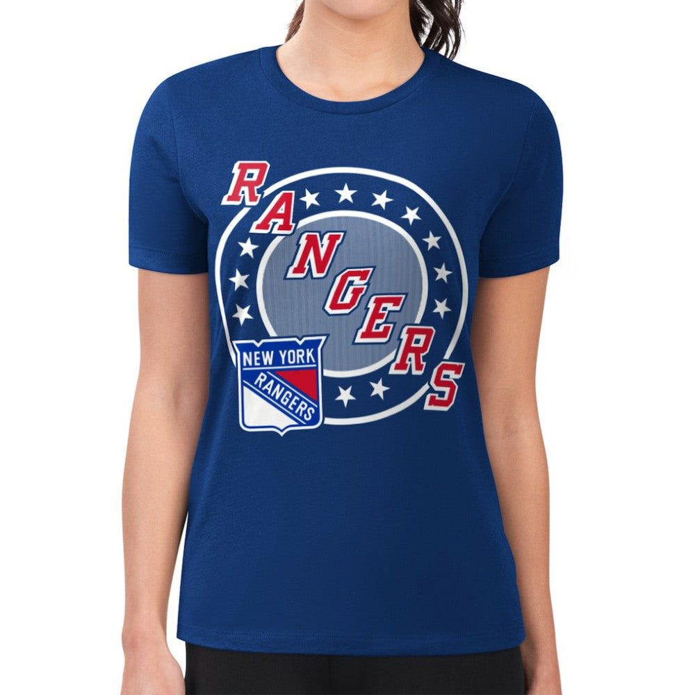 New York Rangers G-III 4Her by Carl Banks Women's Super-Slim Lightweight Pinstripe Circle Graphic T-Shirt - Royal | NHL online