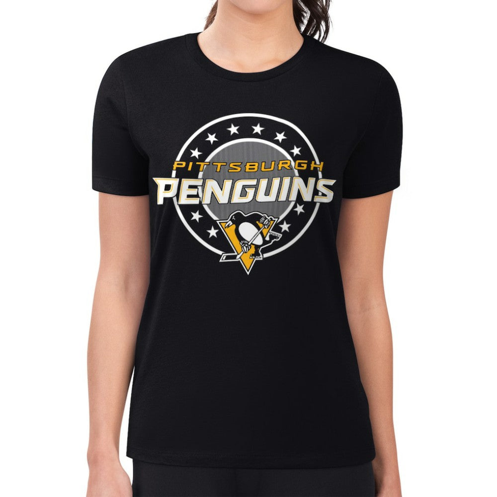 Pittsburgh Penguins G-III 4Her by Carl Banks Women's Super-Slim Lightweight Pinstripe Circle Graphic T-Shirt - Black | NHL Clearance