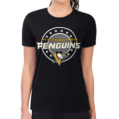 Pittsburgh Penguins G-III 4Her by Carl Banks Women's Super-Slim Lightweight Pinstripe Circle Graphic T-Shirt - Black | NHL Clearance