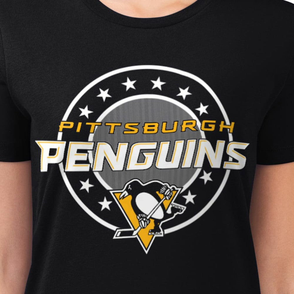 Pittsburgh Penguins G-III 4Her by Carl Banks Women's Super-Slim Lightweight Pinstripe Circle Graphic T-Shirt - Black | NHL Clearance