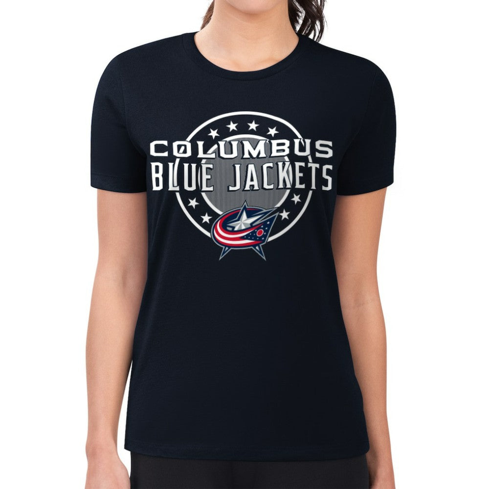 Columbus Blue Jackets G-III 4Her by Carl Banks Women's Super-Slim Lightweight Pinstripe Circle Graphic T-Shirt - Navy | NHL on sale