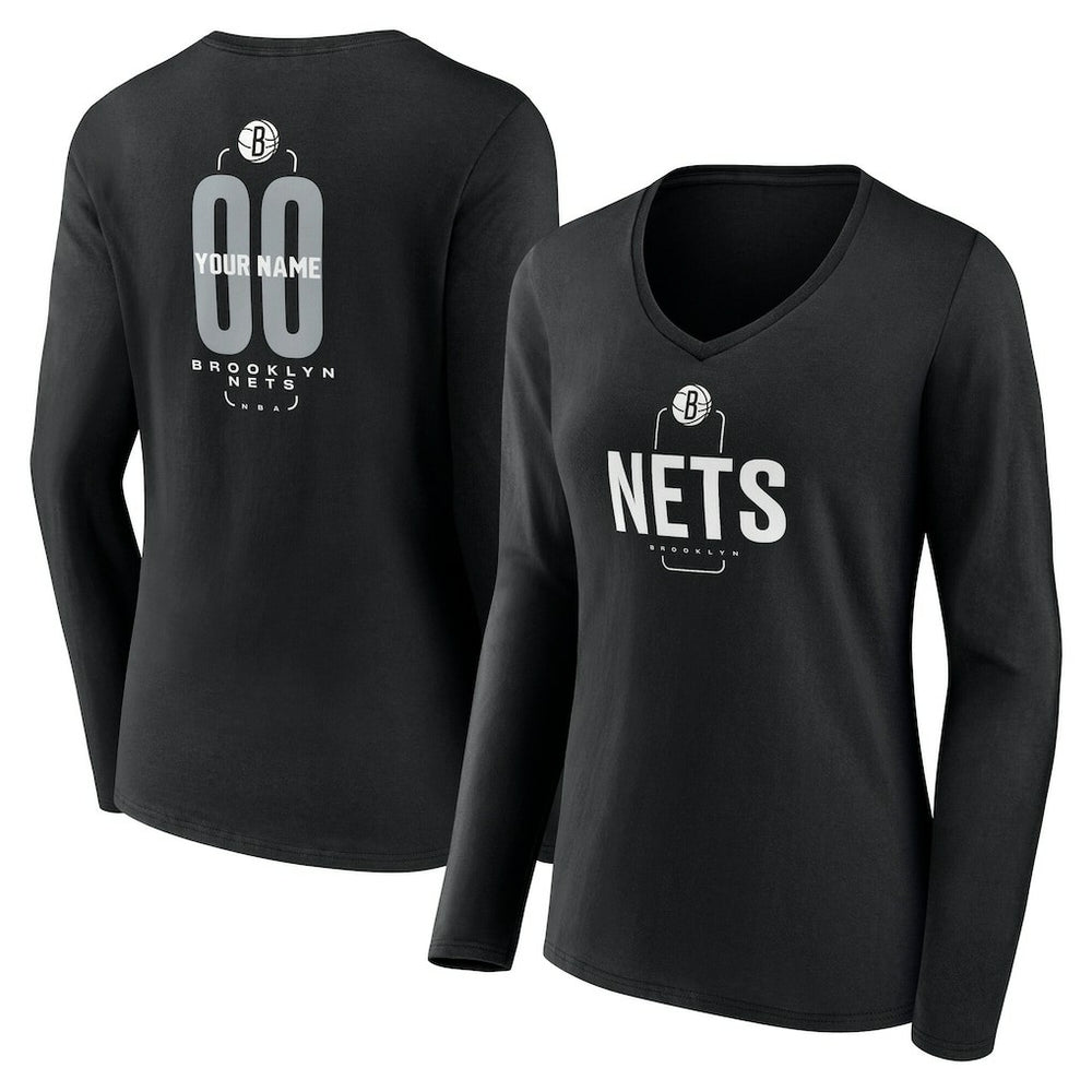 Brooklyn Nets Women's Center Court Name & Number Custom Long Sleeve V-Neck T-Shirt Black