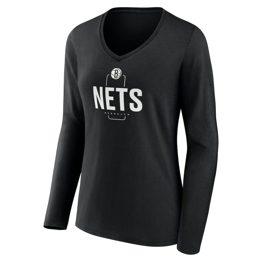 Brooklyn Nets Women's Center Court Name & Number Custom Long Sleeve V-Neck T-Shirt Black