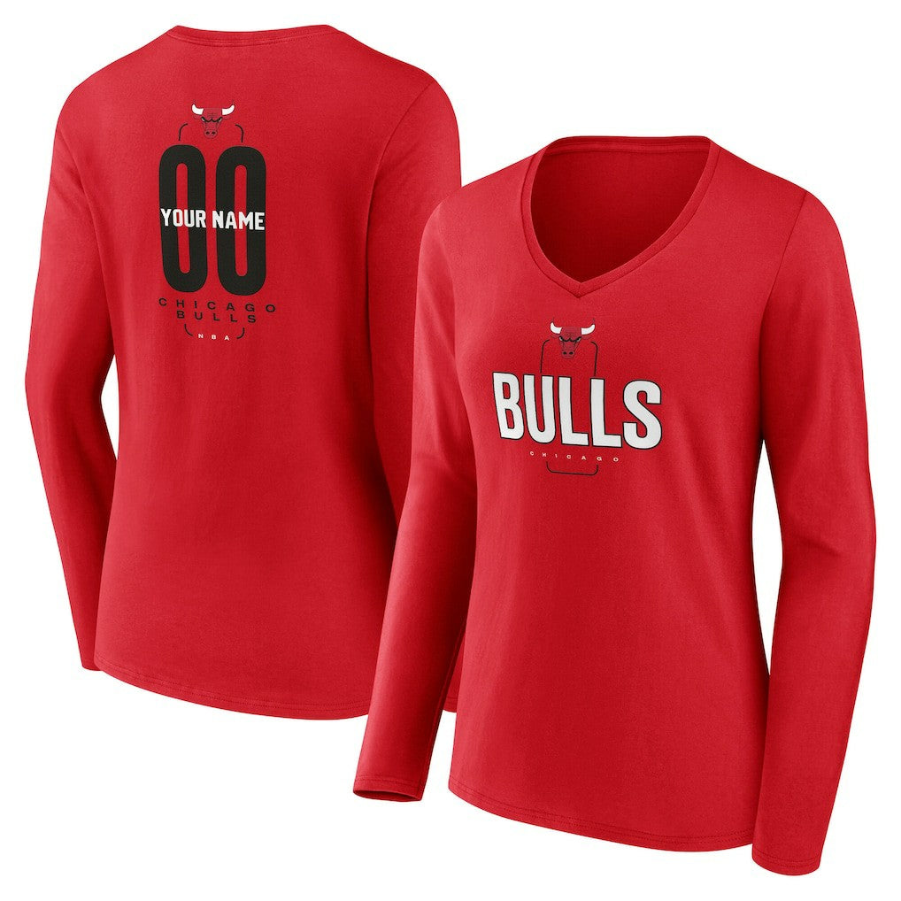 Chicago Bulls Women's Center Court Name & Number Custom Long Sleeve V-Neck T-Shirt Red