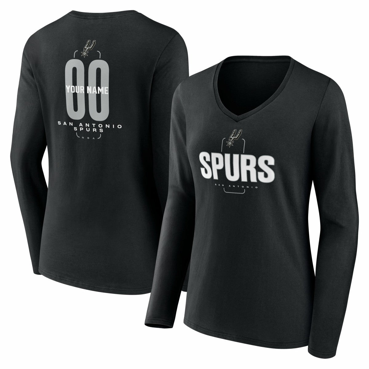 San Antonio Spurs Women's Center Court Name & Number Custom Long Sleeve V-Neck T-Shirt Black