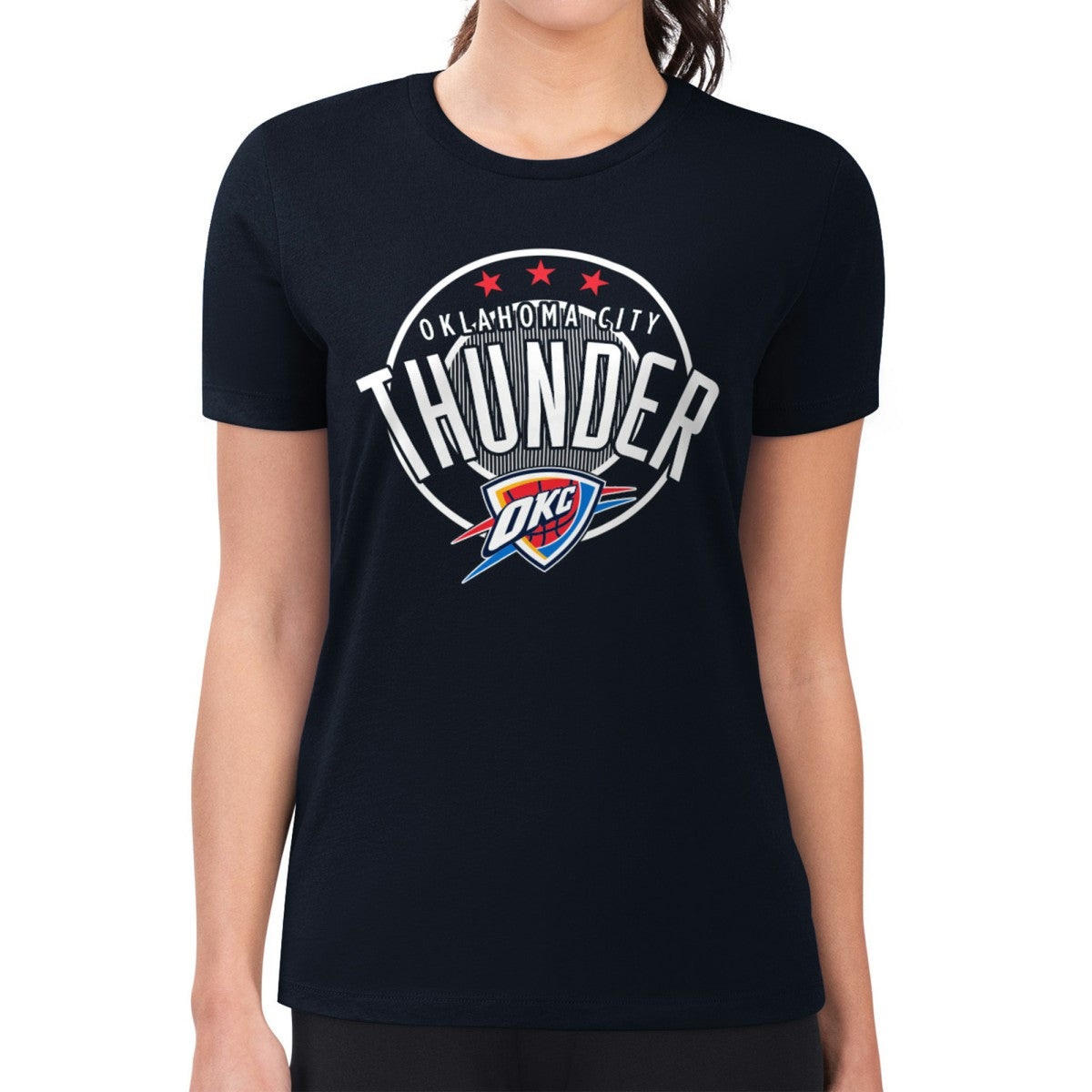 Oklahoma City Thunder G-III 4Her by Carl Banks Women's Super-Slim Lightweight Pinstripe Circle Graphic T-Shirt Navy