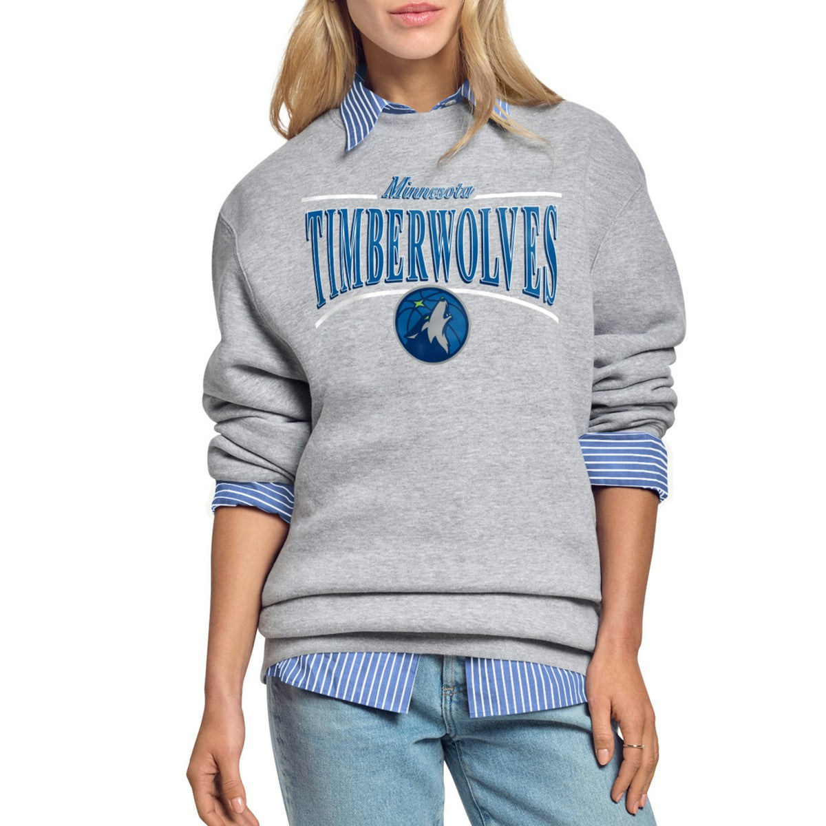 Minnesota Timberwolves Starter Women's Arch Stripe Fleece Crewneck Sweatshirt Gray