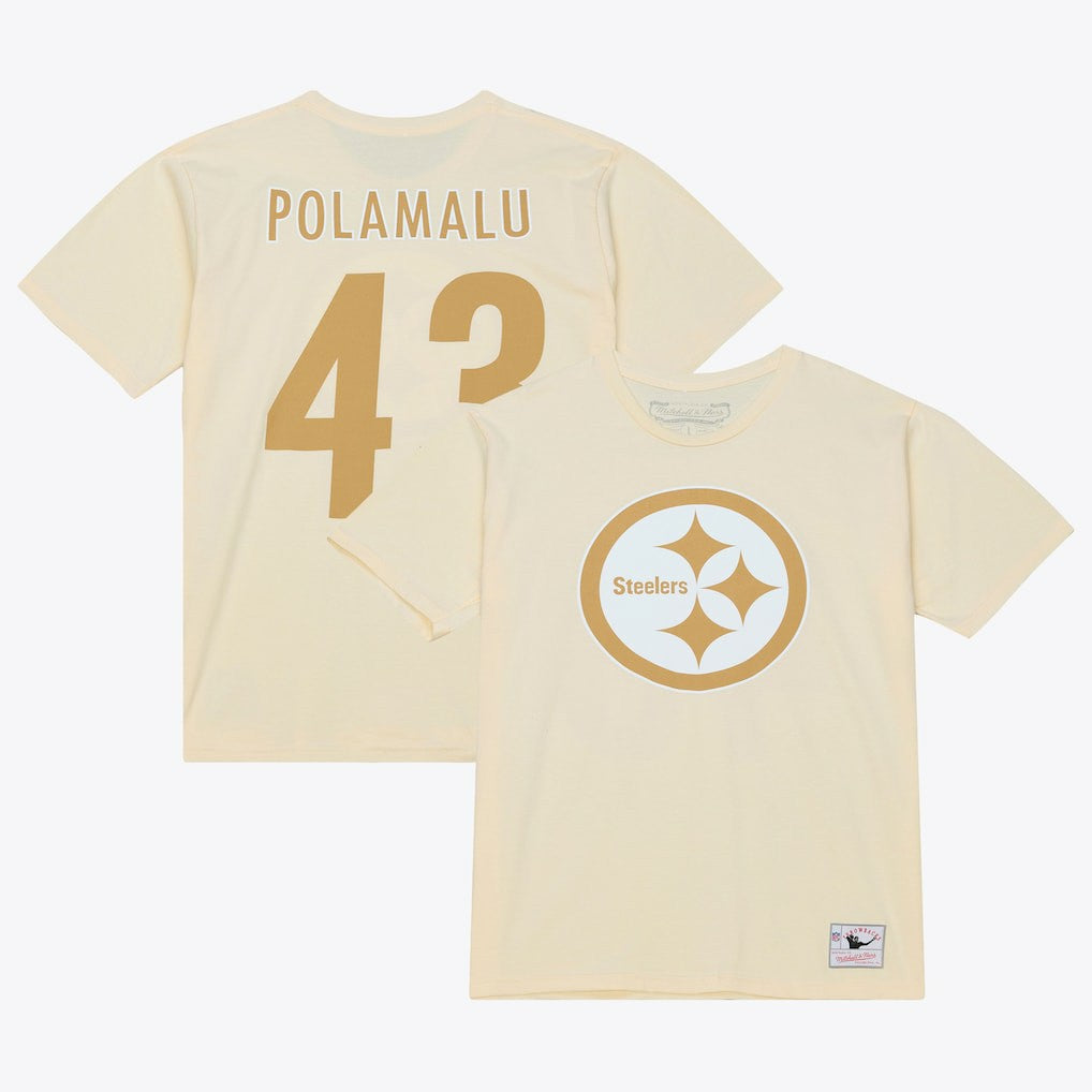 Troy Polamalu Pittsburgh Steelers Sandman Name & Number T-Shirt - Cream - Mitchell & Ness