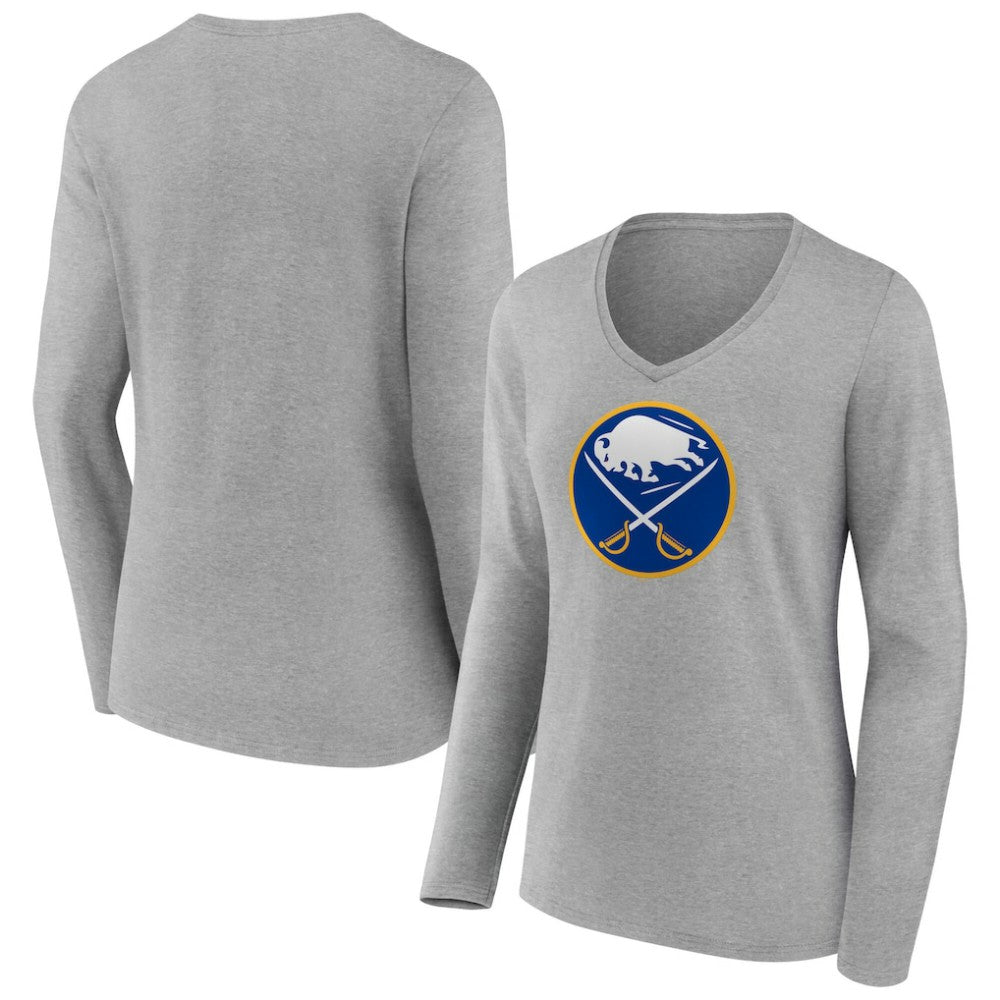 Buffalo Sabres Women's Primary Logo Long Sleeve V-Neck T-Shirt - Gray | NHL Lifestyle