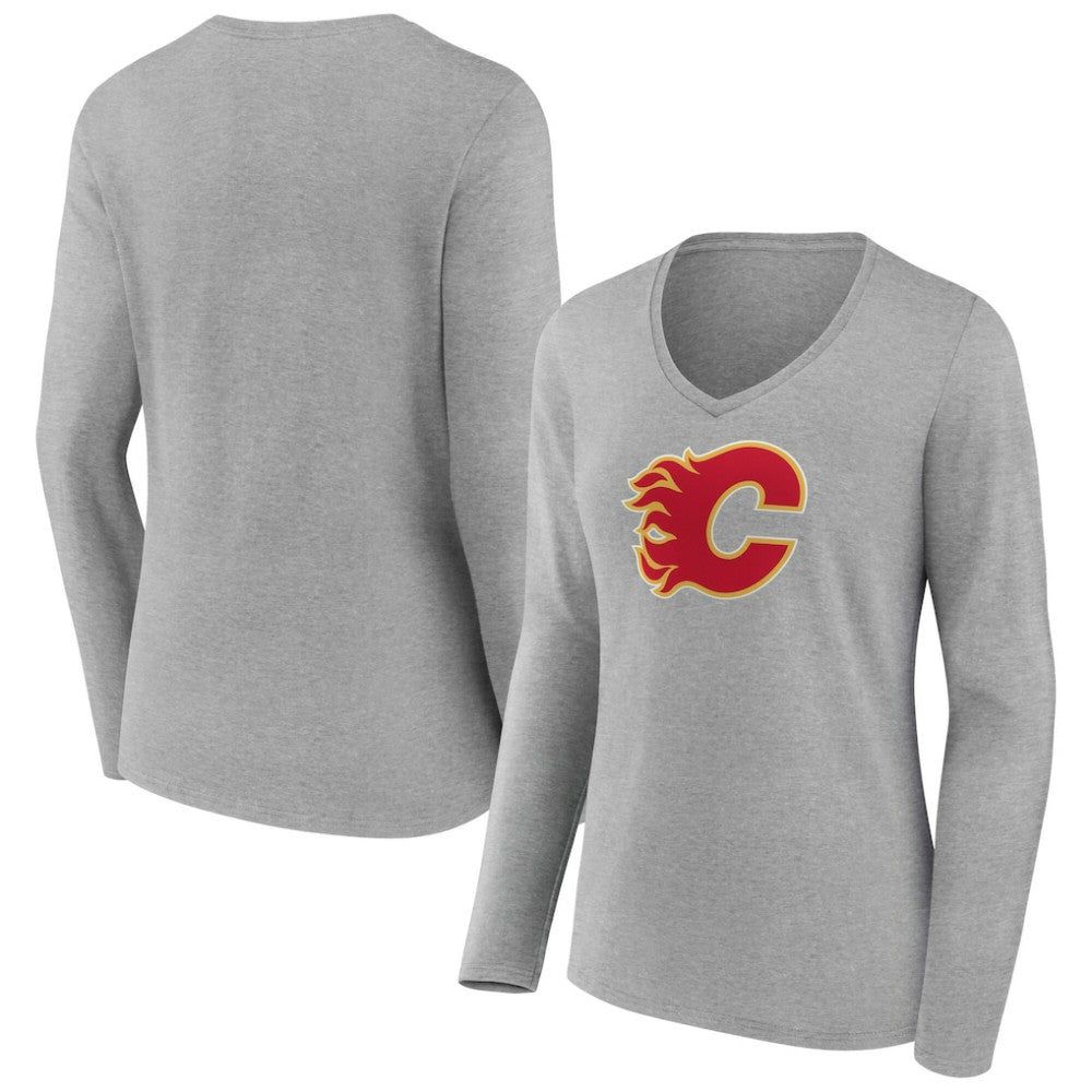 Calgary Flames Women's Primary Logo Long Sleeve V-Neck T-Shirt - Gray | NHL sale
