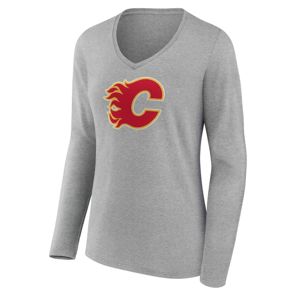 Calgary Flames Women's Primary Logo Long Sleeve V-Neck T-Shirt - Gray | NHL sale