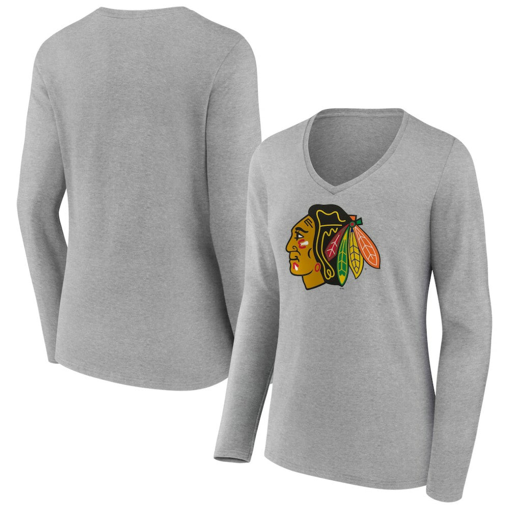 Chicago Blackhawks Women's Primary Logo Long Sleeve V-Neck T-Shirt - Gray | NHL Clearance