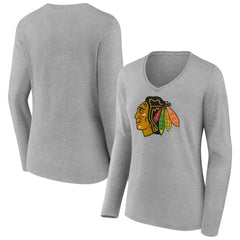 Chicago Blackhawks Women's Primary Logo Long Sleeve V-Neck T-Shirt - Gray | NHL Clearance