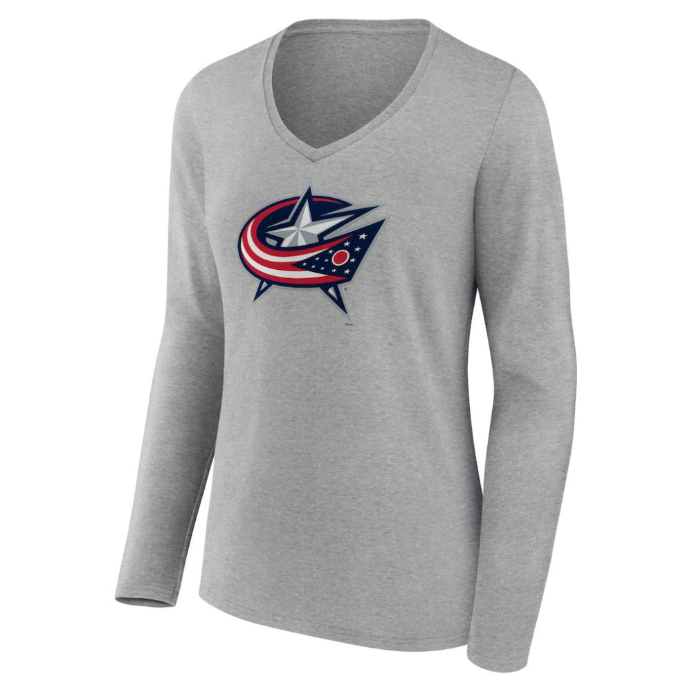 Columbus Blue Jackets Women's Primary Logo Long Sleeve V-Neck T-Shirt - Gray | NHL Lifestyle