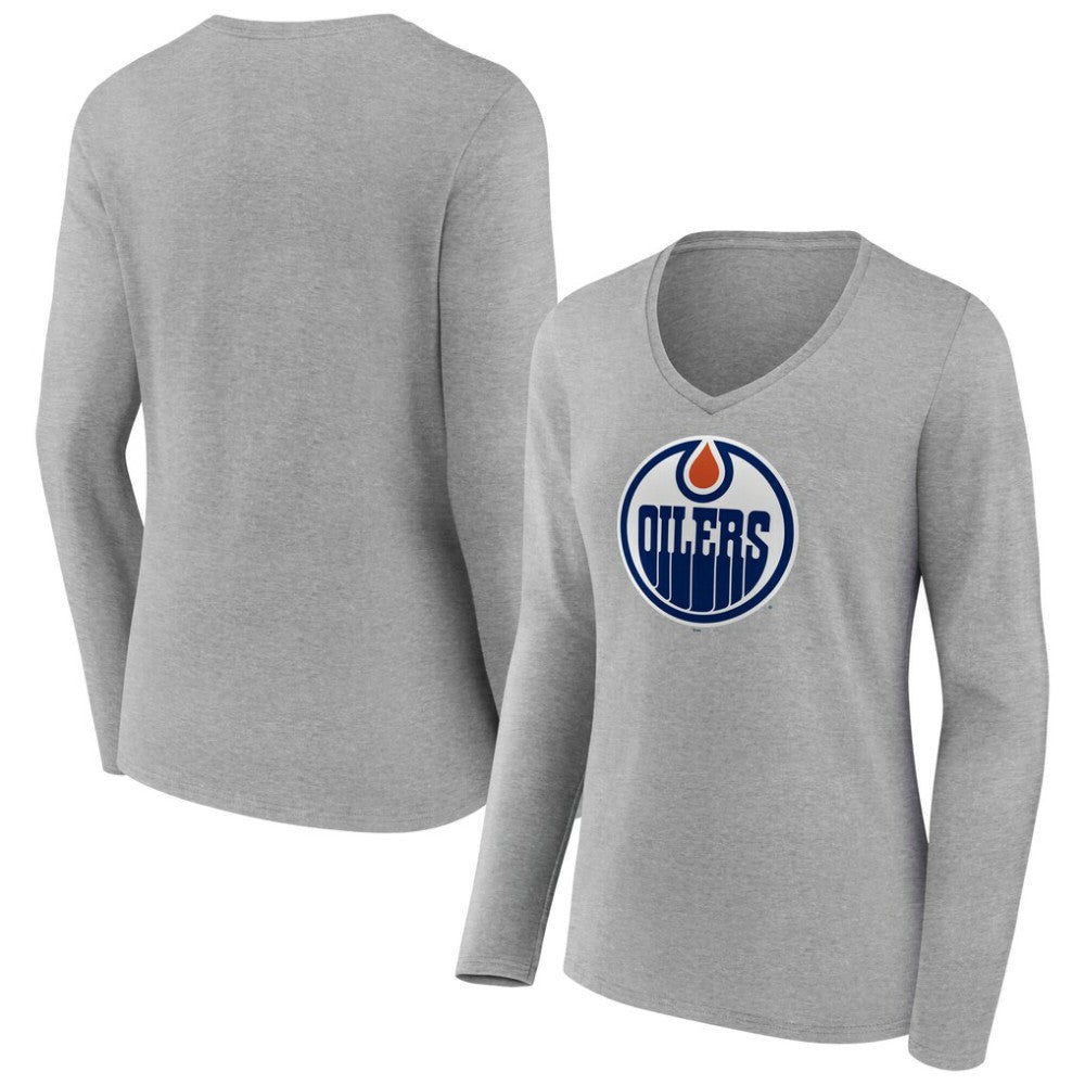 Edmonton Oilers Women's Primary Logo Long Sleeve V-Neck T-Shirt - Gray | NHL on sale