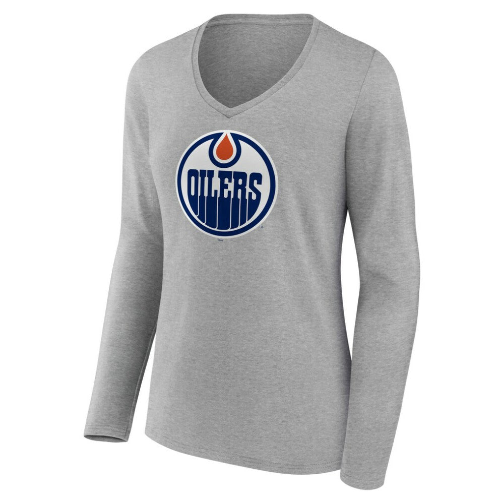 Edmonton Oilers Women's Primary Logo Long Sleeve V-Neck T-Shirt - Gray | NHL on sale