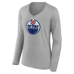 Edmonton Oilers Women's Primary Logo Long Sleeve V-Neck T-Shirt - Gray | NHL on sale