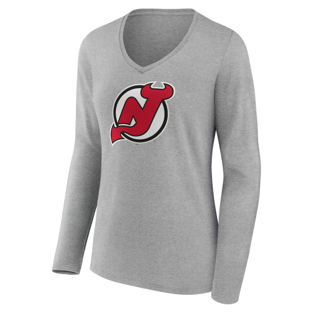 New Jersey Devils Women's Primary Logo Long Sleeve V-Neck T-Shirt - Gray | NHL near me