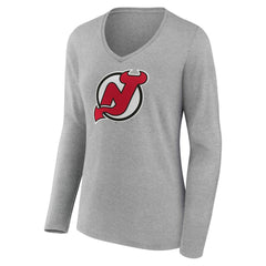 New Jersey Devils Women's Primary Logo Long Sleeve V-Neck T-Shirt - Gray | NHL near me