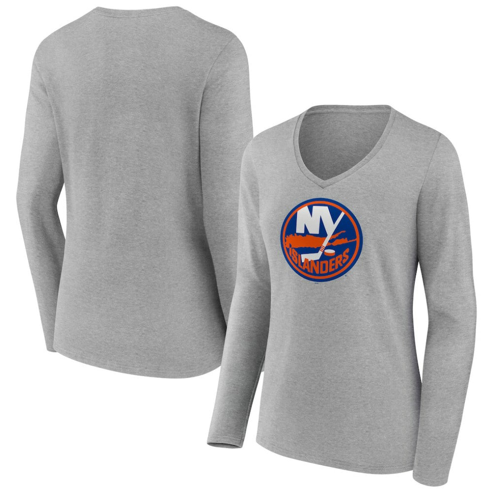 New York Islanders Women's Primary Logo Long Sleeve V-Neck T-Shirt - Gray | NHL near me