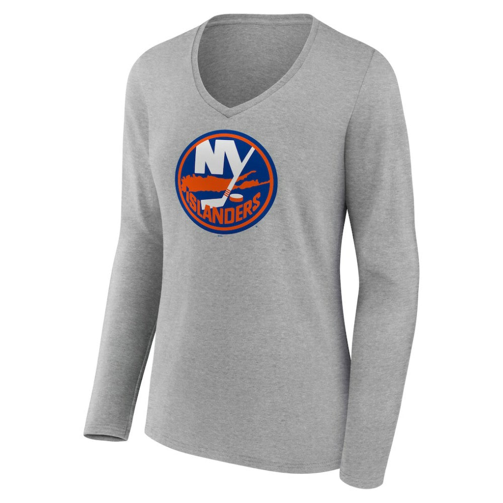 New York Islanders Women's Primary Logo Long Sleeve V-Neck T-Shirt - Gray | NHL near me