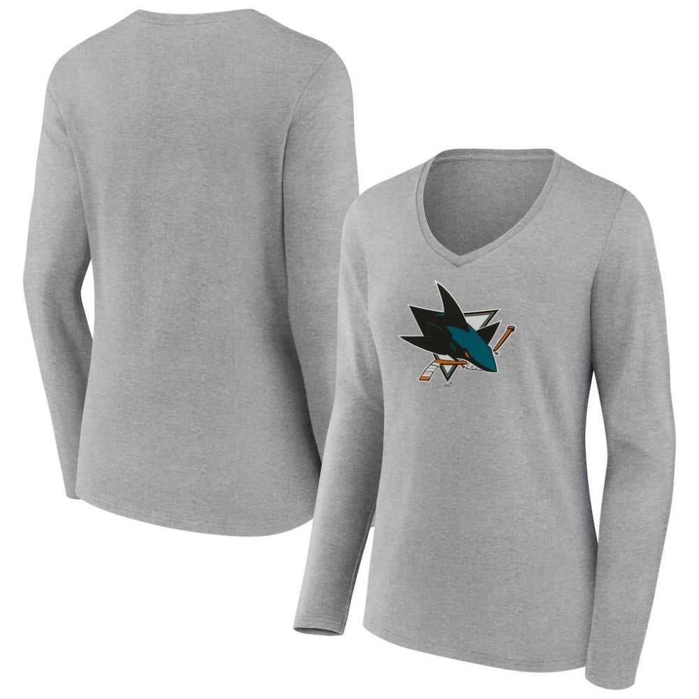 San Jose Sharks Women's Primary Logo Long Sleeve V-Neck T-Shirt - Gray | NHL near me