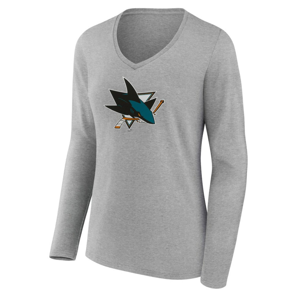 San Jose Sharks Women's Primary Logo Long Sleeve V-Neck T-Shirt - Gray | NHL near me