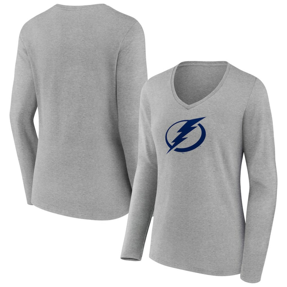 Tampa Bay Lightning Women's Primary Logo Long Sleeve V-Neck T-Shirt - Gray | NHL Lifestyle