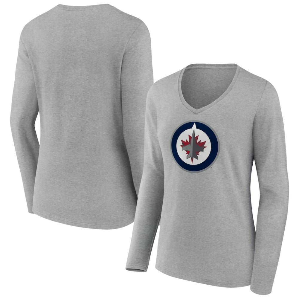 Winnipeg Jets Women's Primary Logo Long Sleeve V-Neck T-Shirt - Gray | NHL on sale