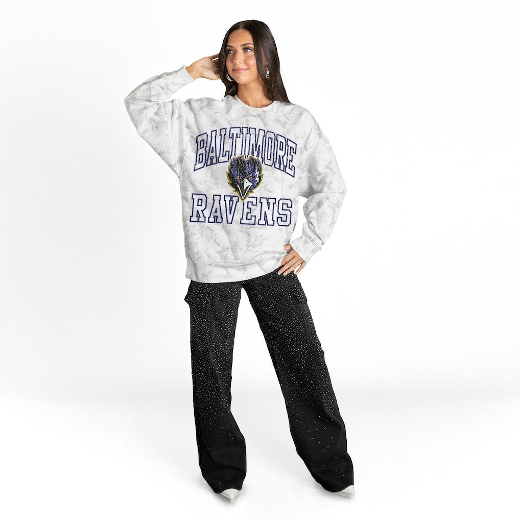 Baltimore Ravens Gameday Couture Women's Whiteout Oversized Premium Fleece Sweatshirt - Arctic Camo - NFL
