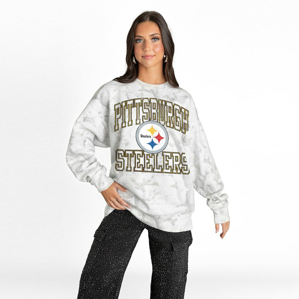 Pittsburgh Steelers Gameday Couture Women's Whiteout Oversized Premium Fleece Sweatshirt - Arctic Camo - NFL