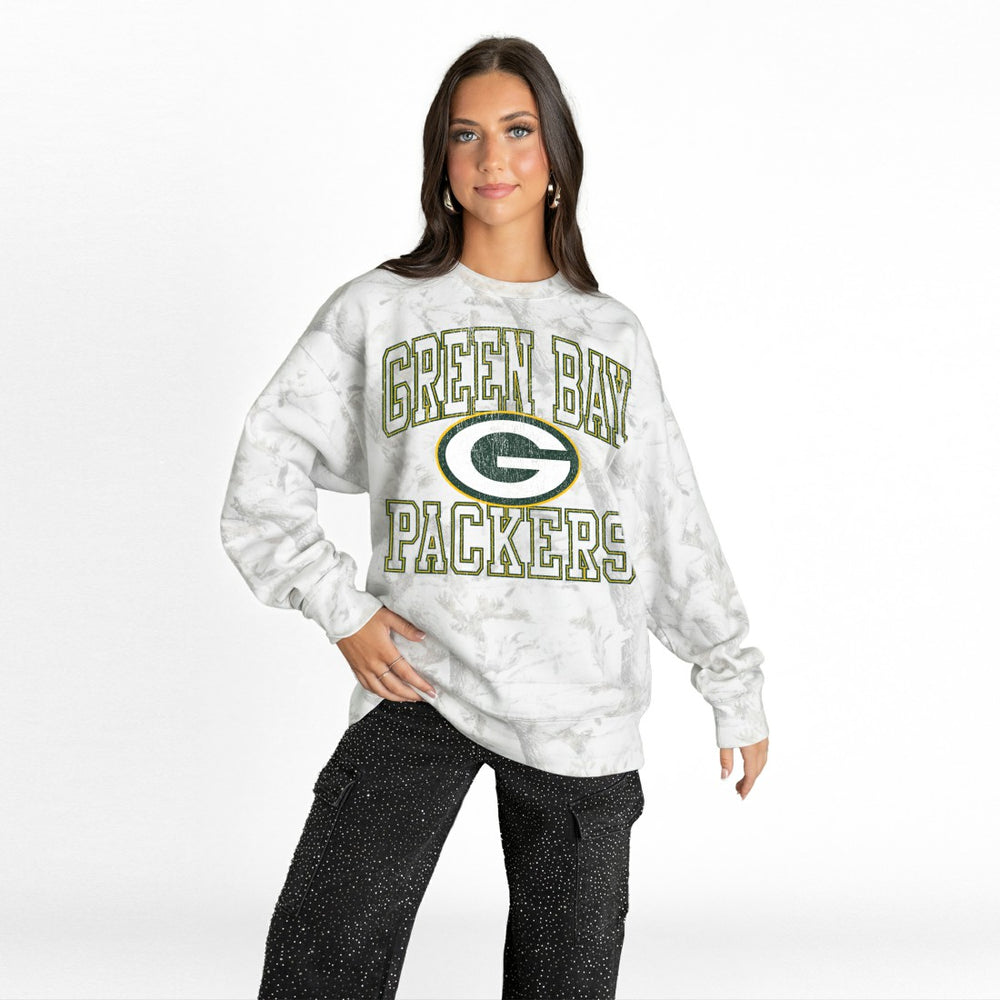 Green Bay Packers Gameday Couture Women's Whiteout Oversized Premium Fleece Sweatshirt - Arctic Camo - NFL