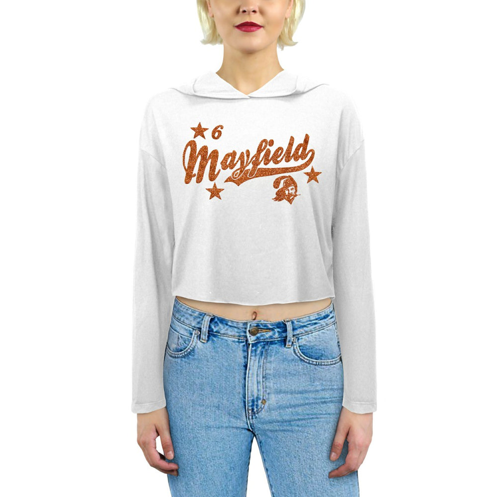 Baker Mayfield Tampa Bay Buccaneers Majestic Threads Women's Glitter Wordmark Hoodie - White - NFL