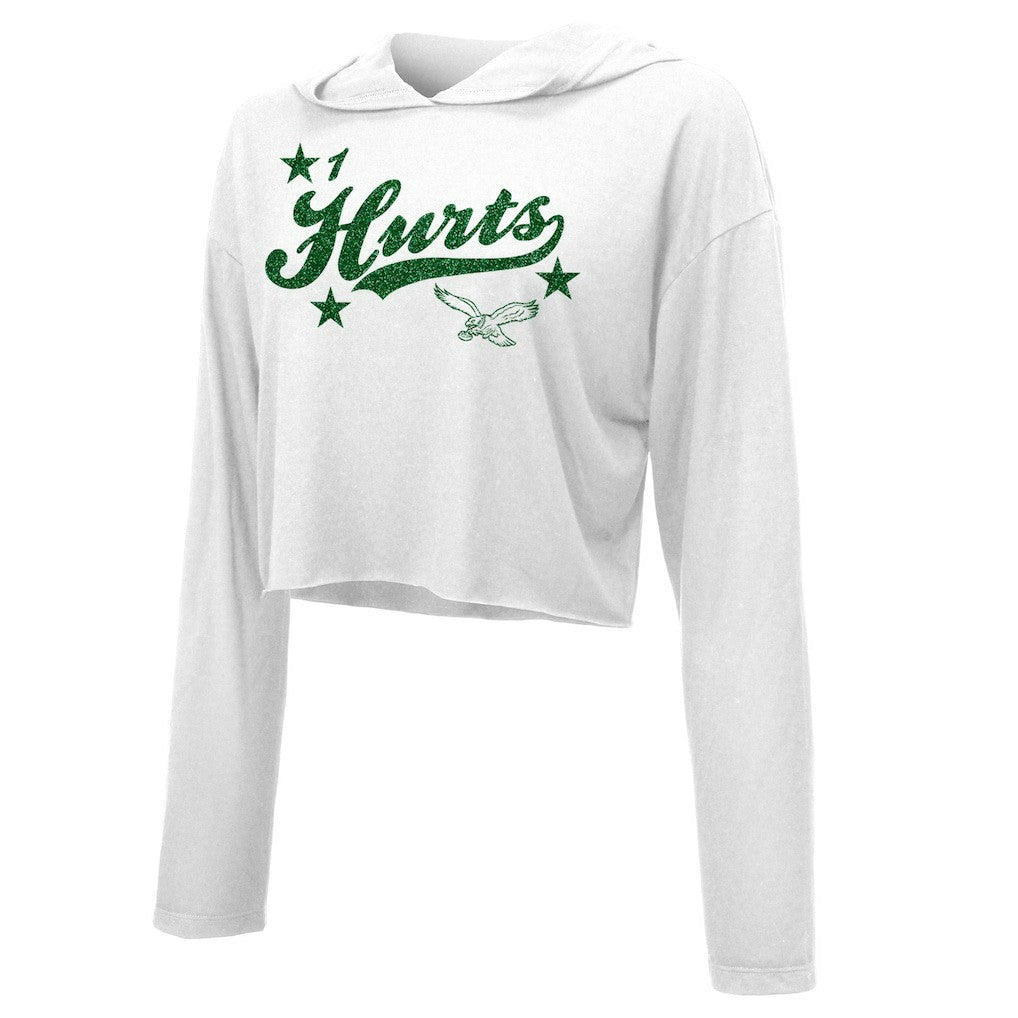 Jalen Hurts Philadelphia Eagles Majestic Threads Women's Glitter Wordmark Hoodie - White - NFL