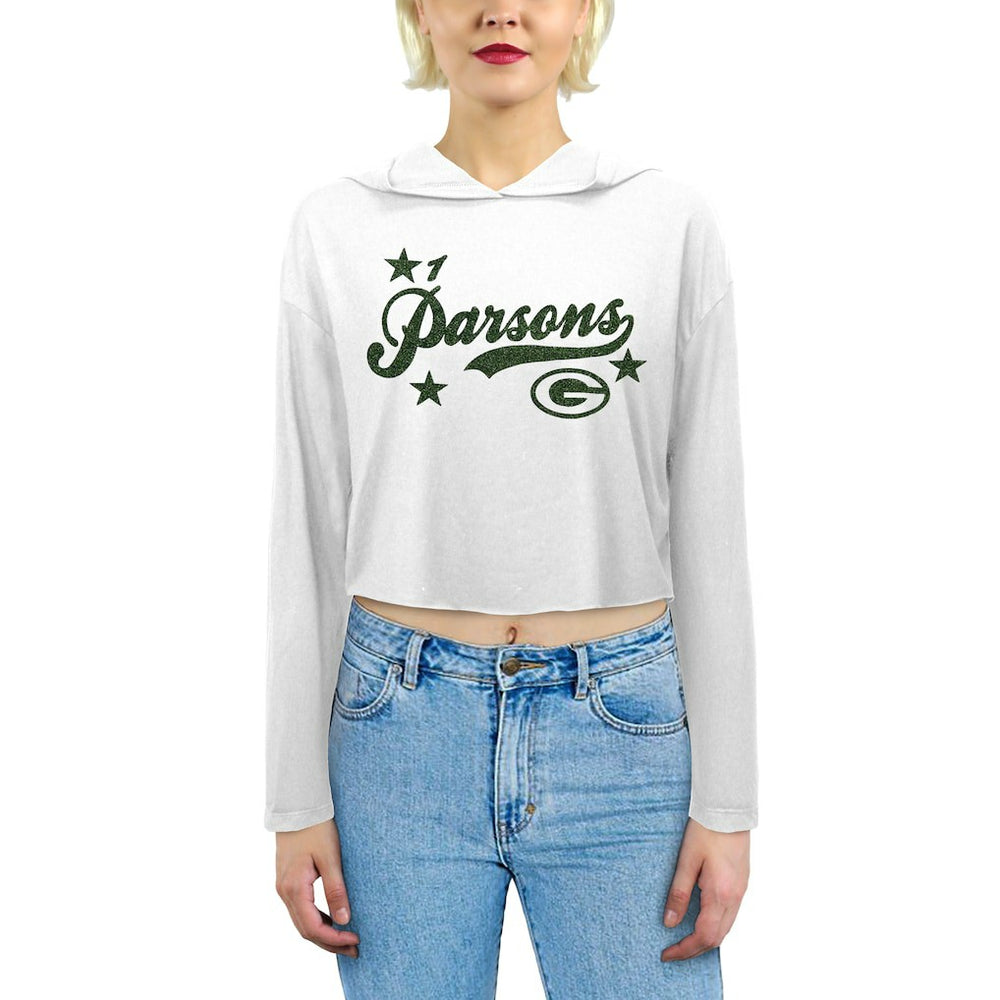 Micah Parsons Green Bay Packers Majestic Threads Women's Glitter Wordmark Hoodie - White - NFL