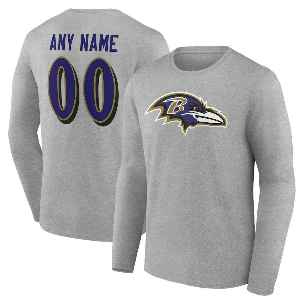 Baltimore Ravens Team Authentic Personalized Name & Number Long Sleeve T-Shirt - Gray - NFL