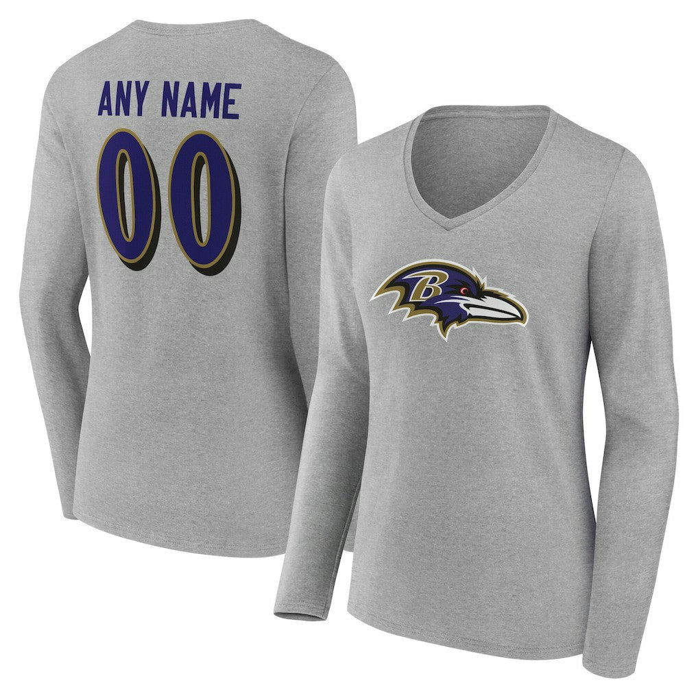 Baltimore Ravens Women's Team Authentic Personalized Name & Number Long Sleeve V-Neck T-Shirt - Gray - NFL