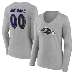 Baltimore Ravens Women's Team Authentic Personalized Name & Number Long Sleeve V-Neck T-Shirt - Gray - NFL