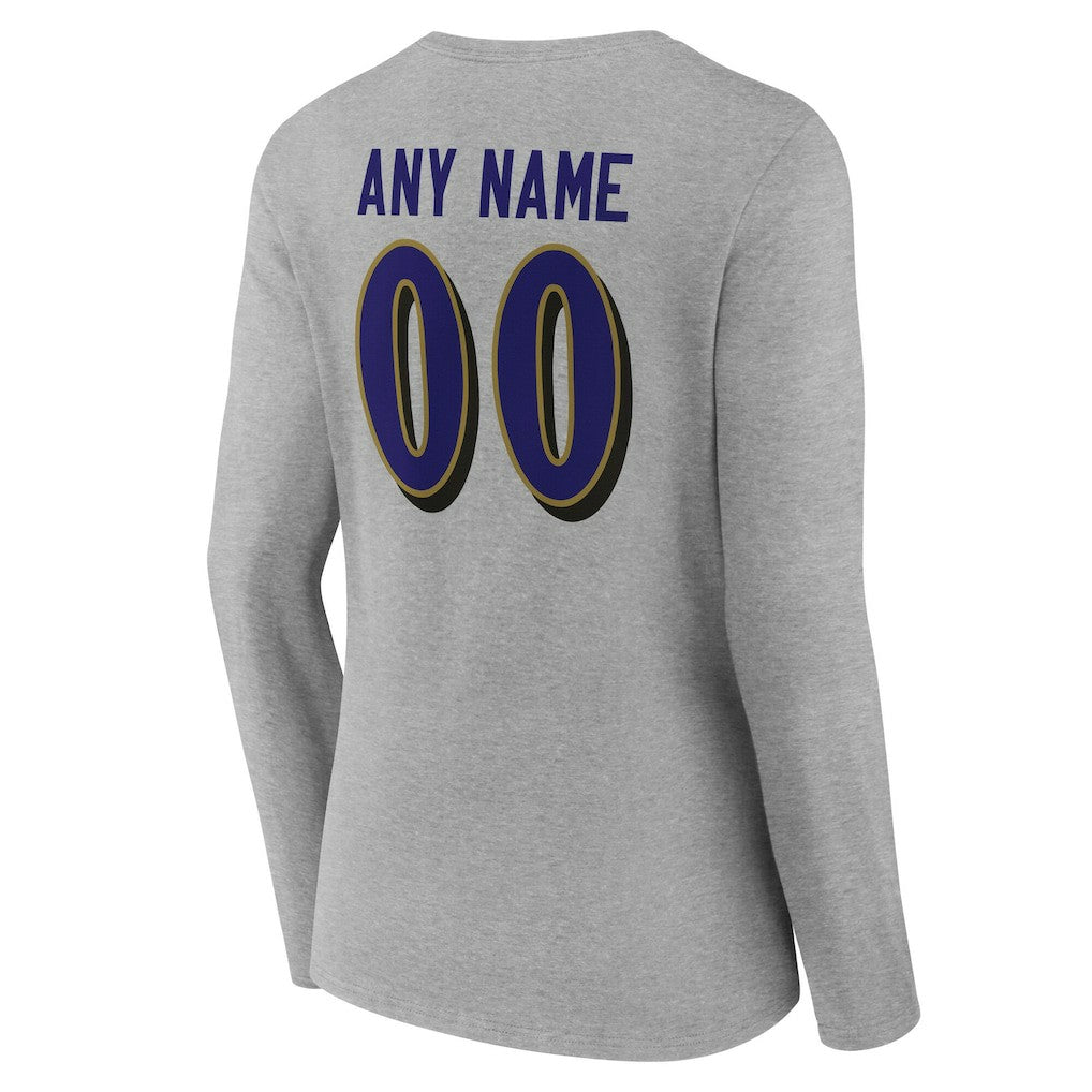 Baltimore Ravens Women's Team Authentic Personalized Name & Number Long Sleeve V-Neck T-Shirt - Gray - NFL
