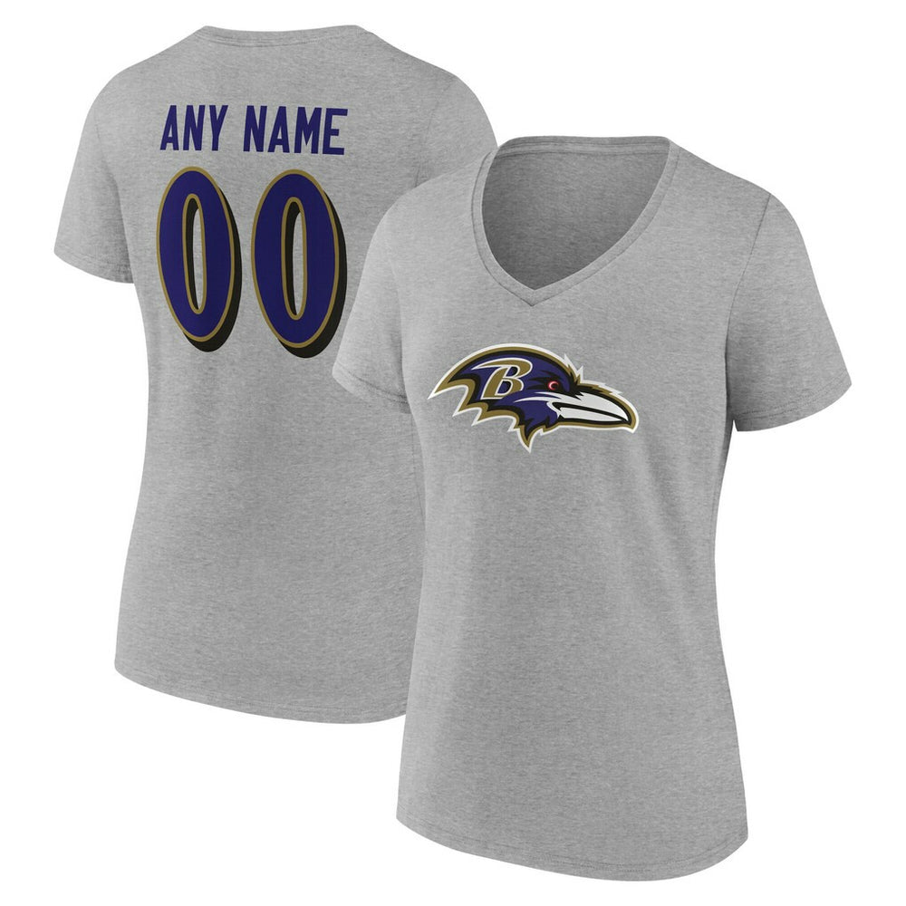 Baltimore Ravens Women's Team Authentic Personalized Name & Number V-Neck T-Shirt - Gray - NFL