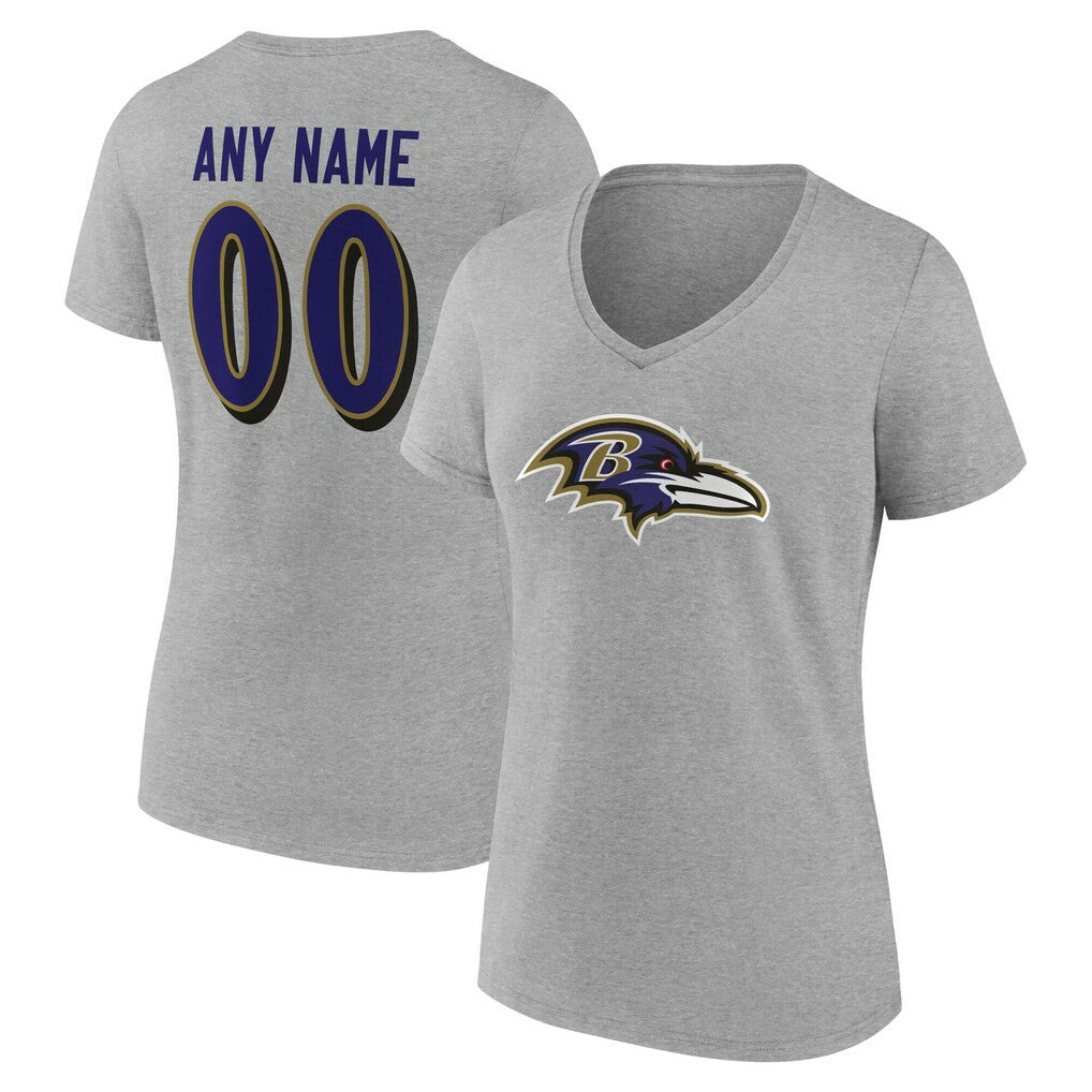 Baltimore Ravens Women's Team Authentic Personalized Name & Number V-Neck T-Shirt - Gray - NFL