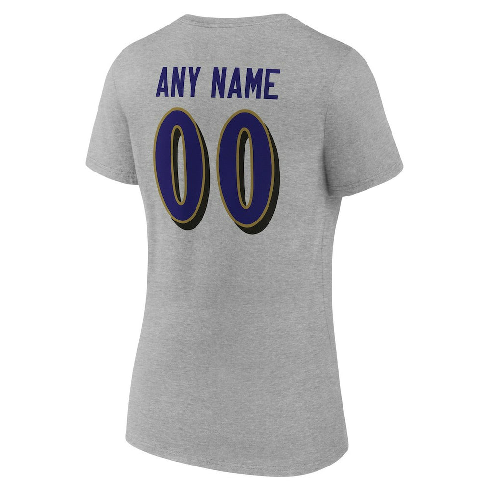 Baltimore Ravens Women's Team Authentic Personalized Name & Number V-Neck T-Shirt - Gray - NFL