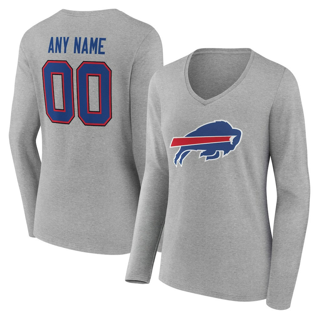 Buffalo Bills Women's Team Authentic Personalized Name & Number Long Sleeve V-Neck T-Shirt - Gray - NFL