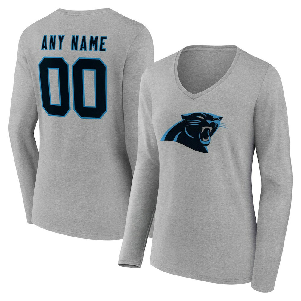 Carolina Panthers Women's Team Authentic Personalized Name & Number Long Sleeve V-Neck T-Shirt - Gray - NFL