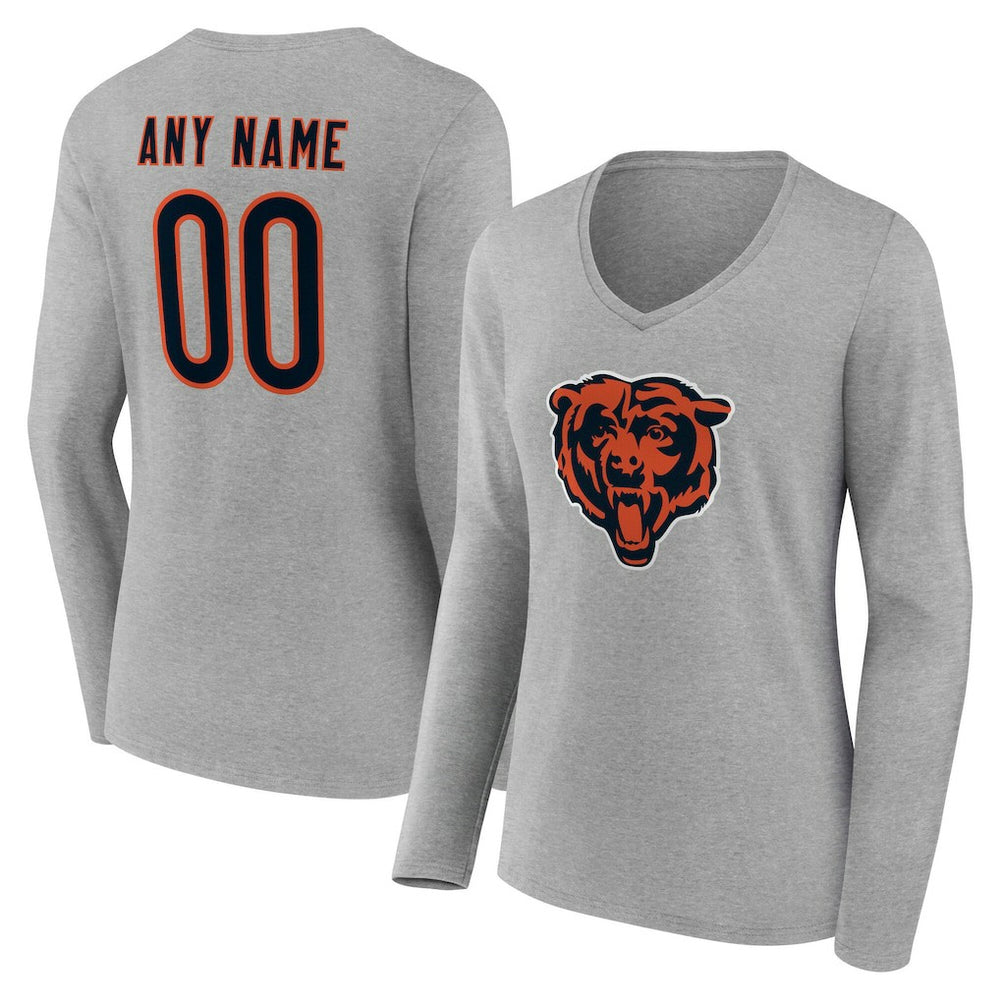 Chicago Bears Women's Team Authentic Personalized Name & Number Long Sleeve V-Neck T-Shirt - Gray - NFL